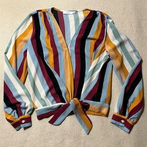 Vertical Striped Multicolored Long Sleeve Wrap V-neck Plunge Blouse Top S
